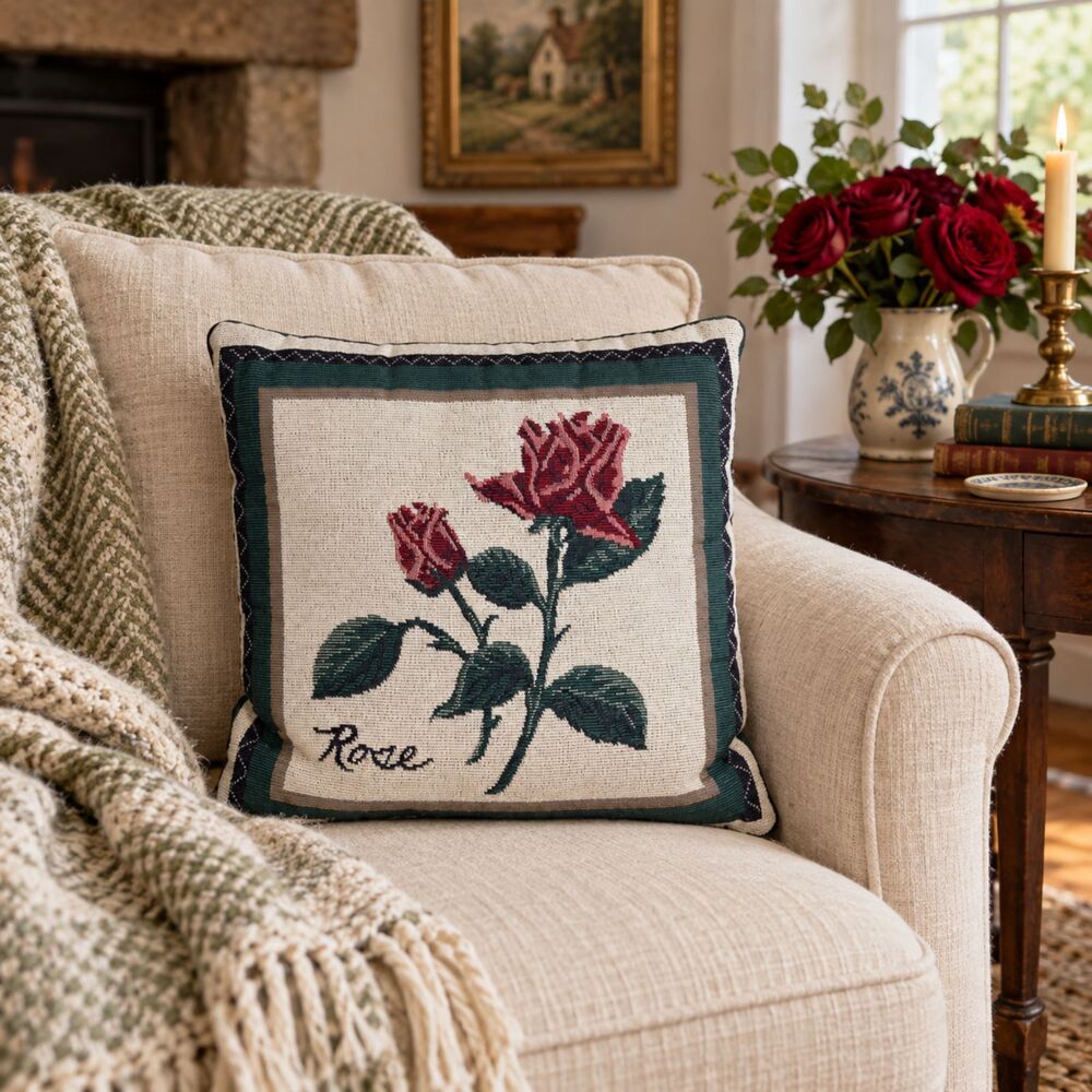 Vintage Style Red Rose Tapestry Throw Pillow Cottagecore 12x12 Green Cream